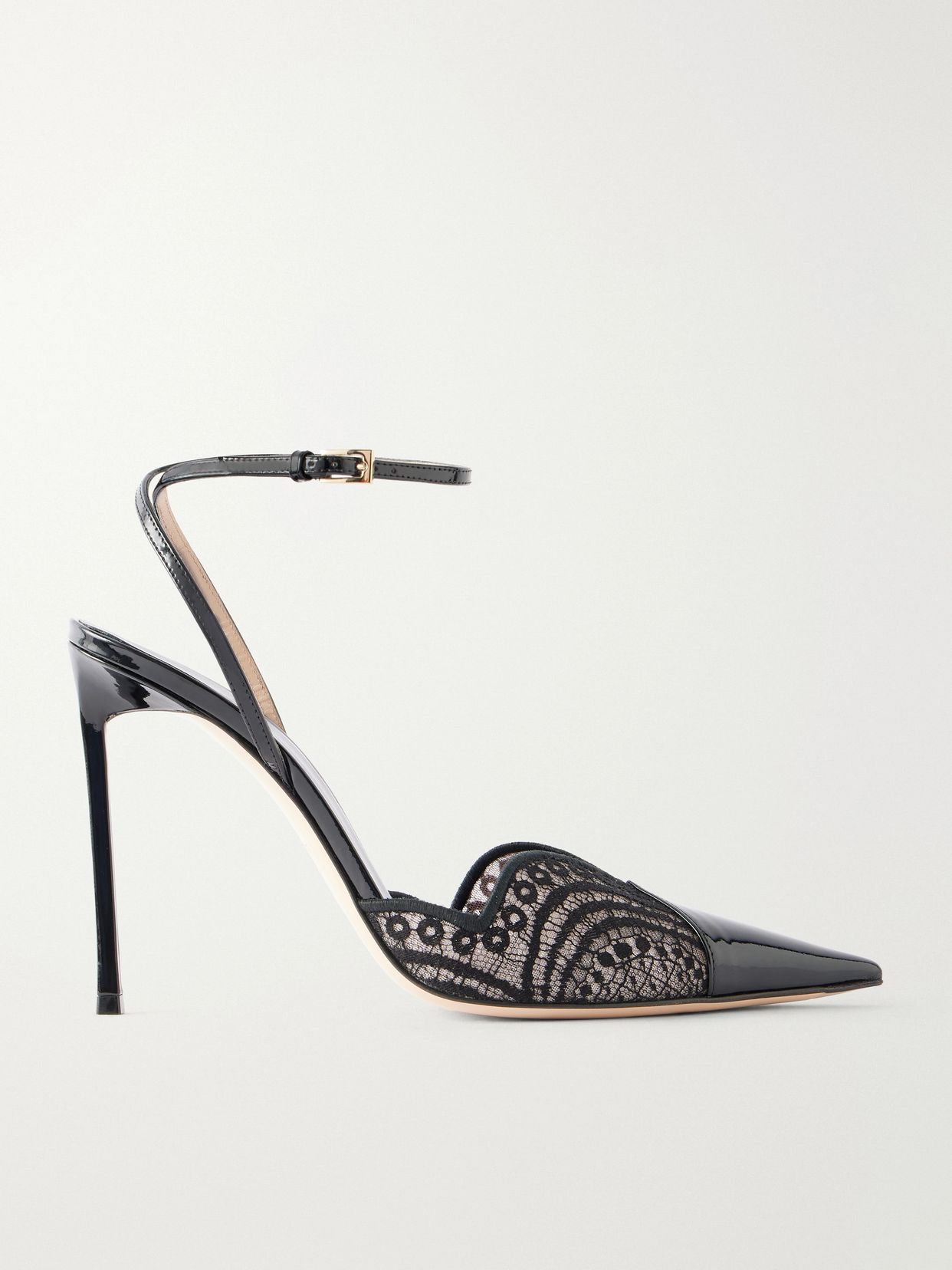 105 Lace and patent-leather-trimmed pumps