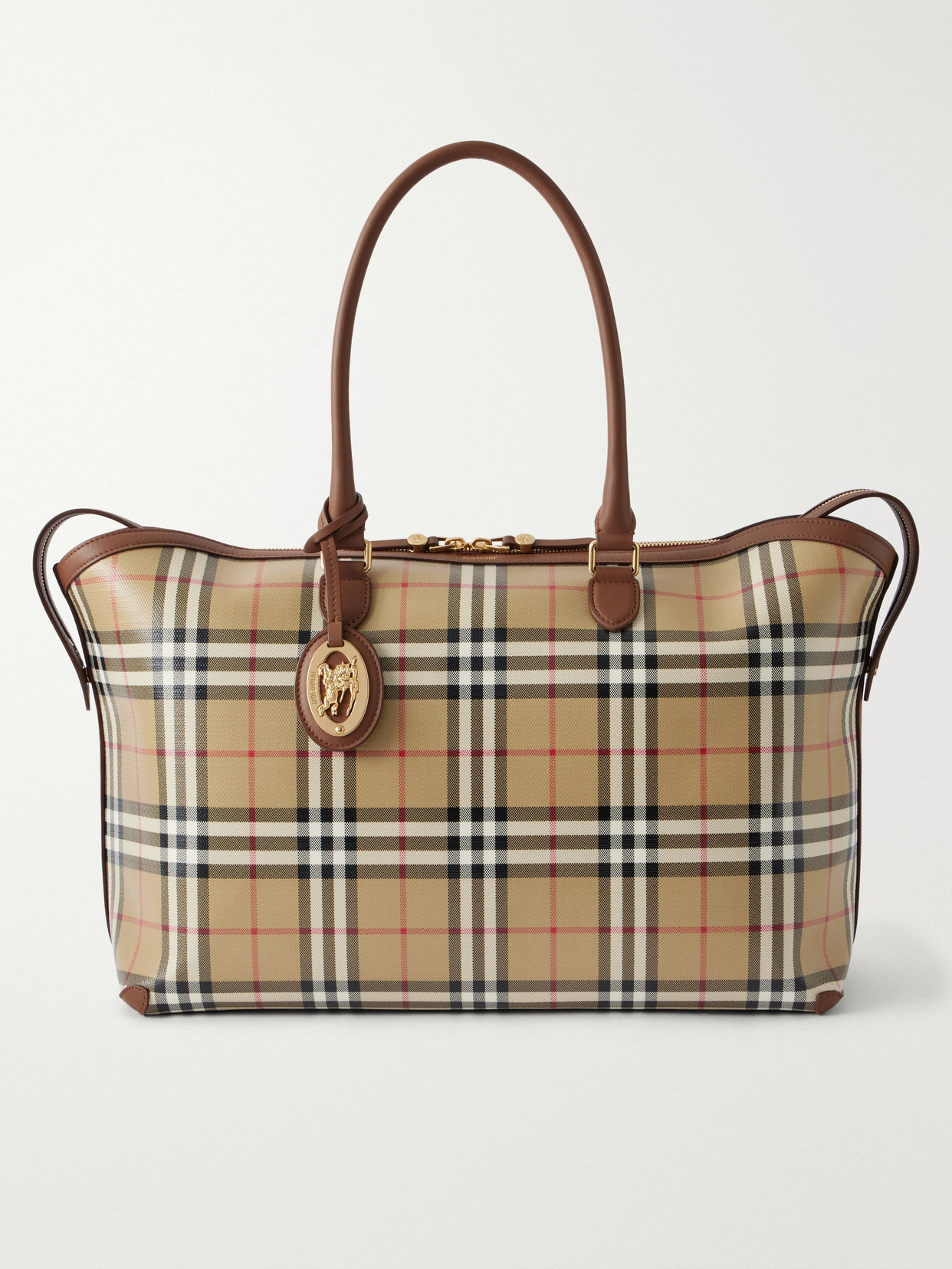 Burberry Medium Check Zip Leather-trimmed Tote In Neutrals