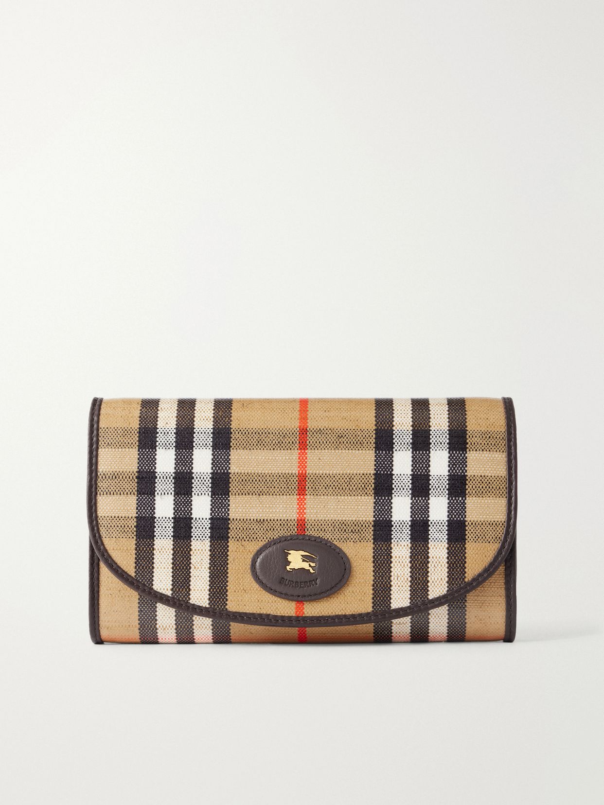 Leather-trimmed checked coated-canvas clutch