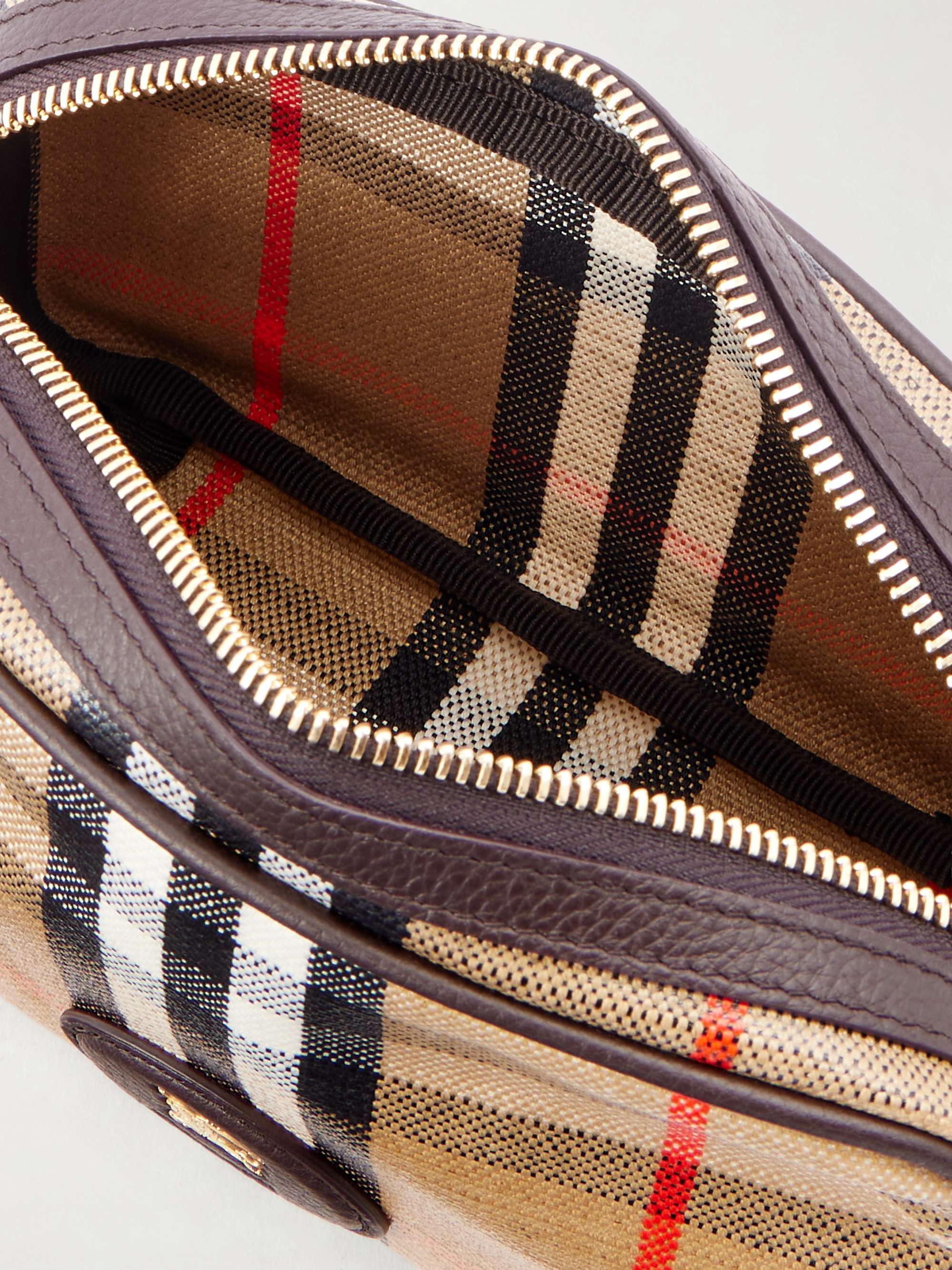 BURBERRY Leather-trimmed checked coated-canvas pouch | NET-A-PORTER