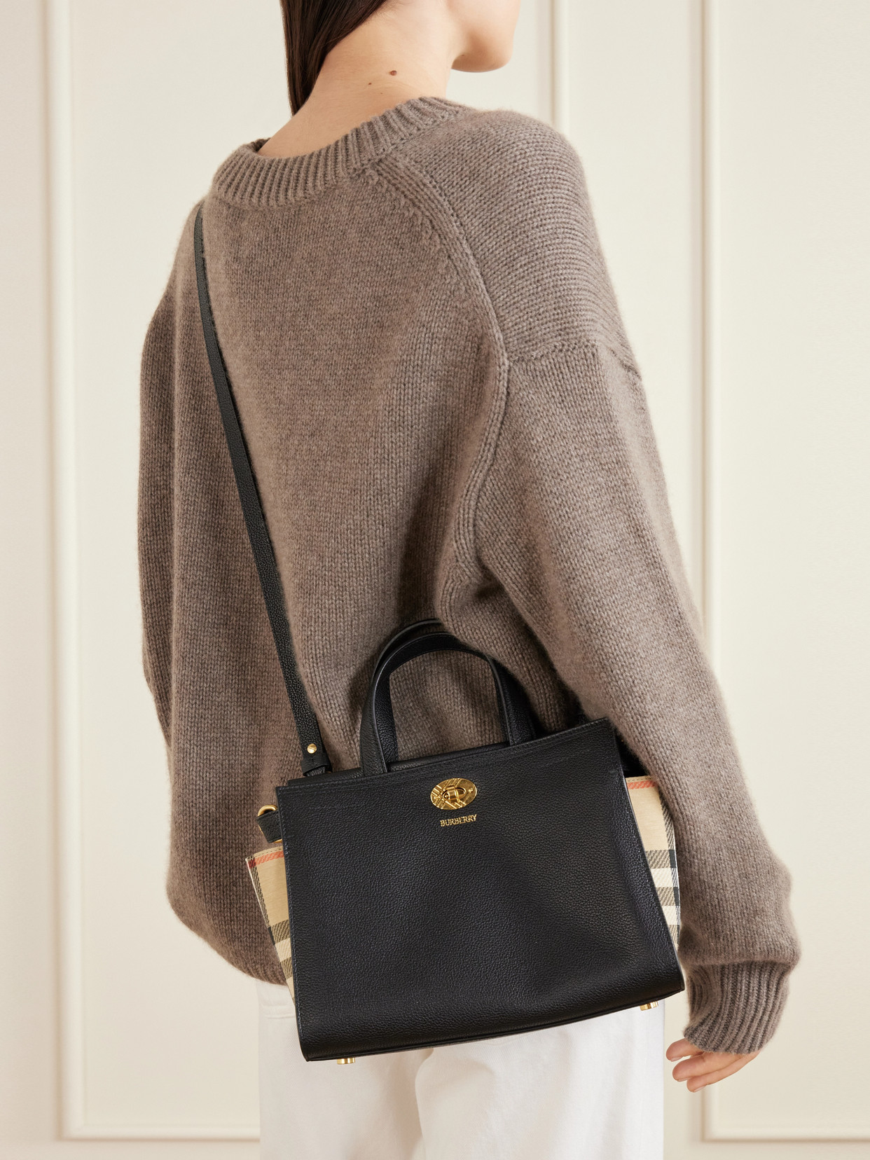 Cotswolds Mini Checked Canvas-Trimmed Leather Tote