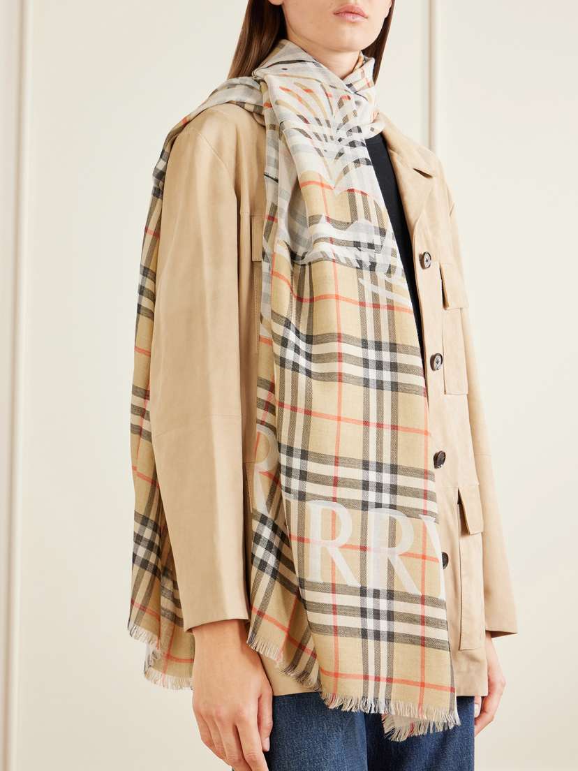 Burberry Frayed Printed Checked Wool And Silk-blend Scarf | Thumbnail 4 Burberry Frayed Printed Checked Wool And Silk-blend Scarf | Thumbnail 4