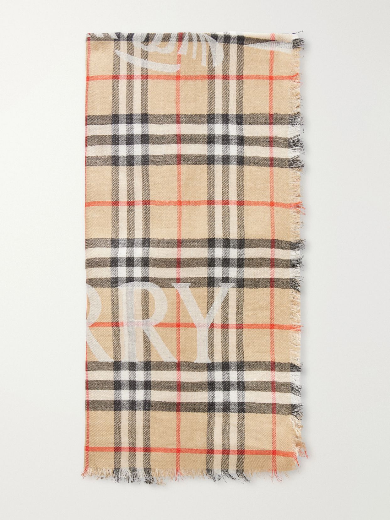 frayed printed checked wool and silk blend scarf