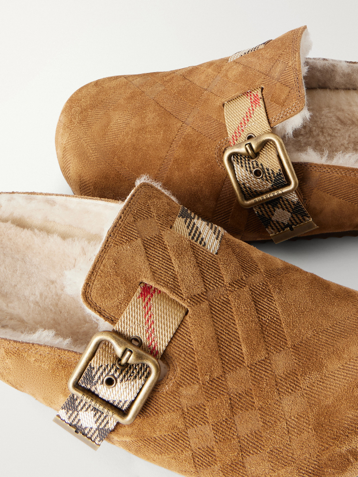 Burberry Suede Slippers With Buckle Detail And Textured Finish In Multi