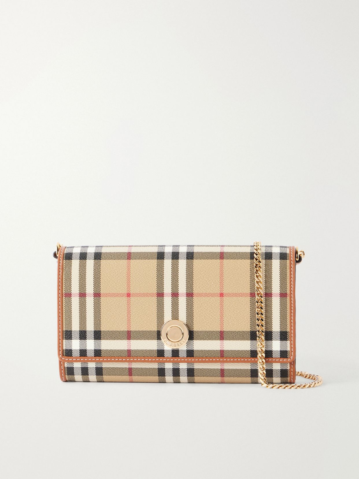 Checked leather-trimmed coated canvas clutch