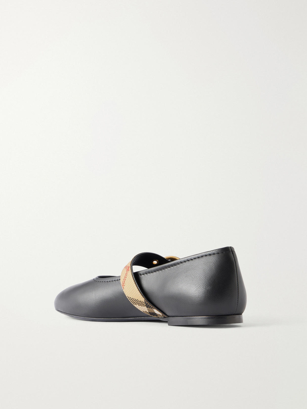 Check-Trimmed Leather Mary Jane Ballet Flats