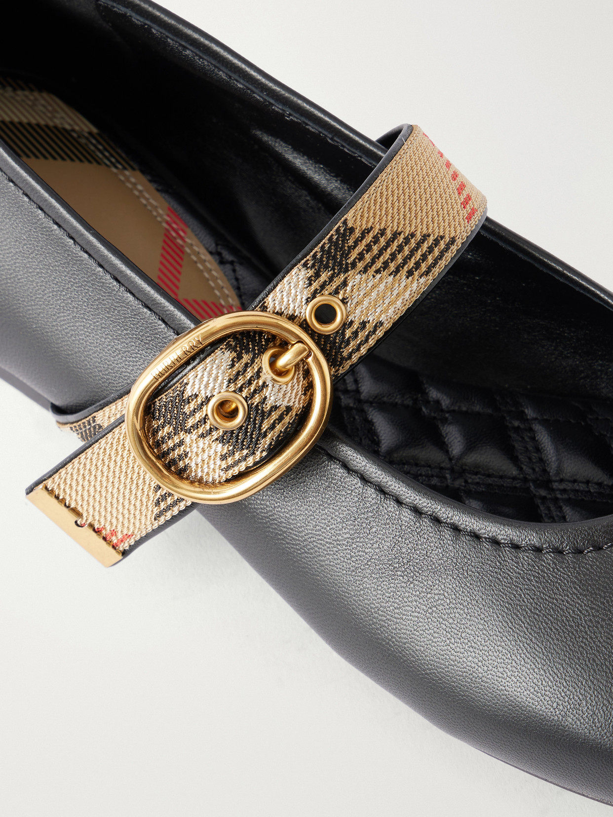 Check-Trimmed Leather Mary Jane Ballet Flats