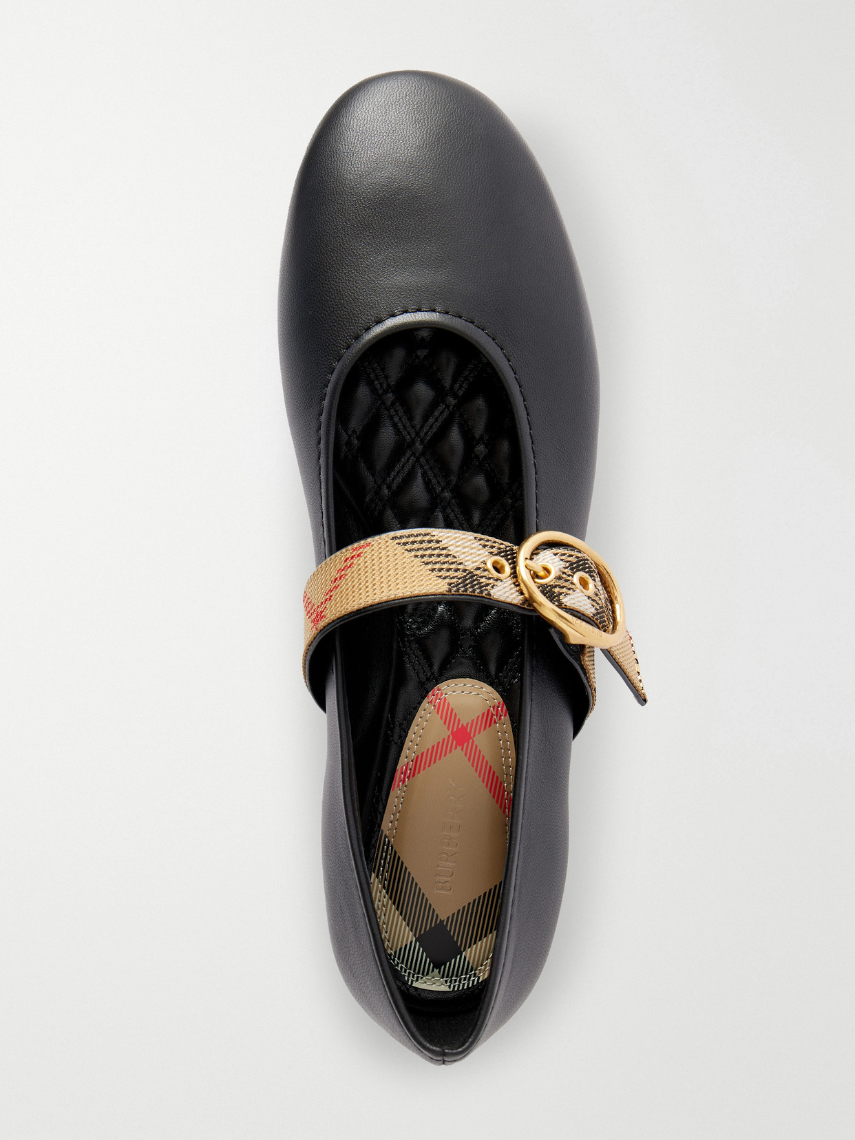 Check-Trimmed Leather Mary Jane Ballet Flats