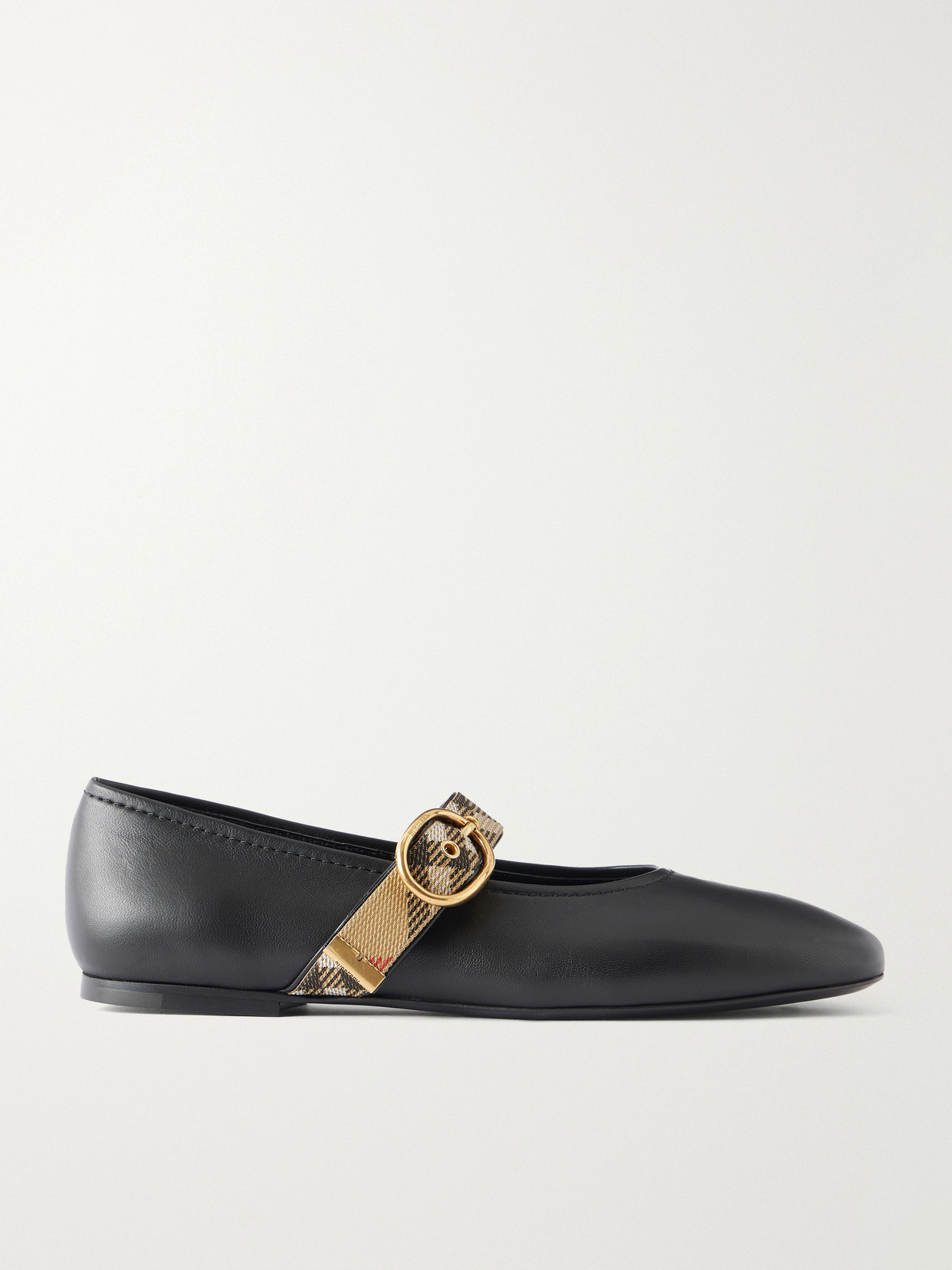 Burberry Check-trimmed Leather Mary Jane Ballet Flats In Black