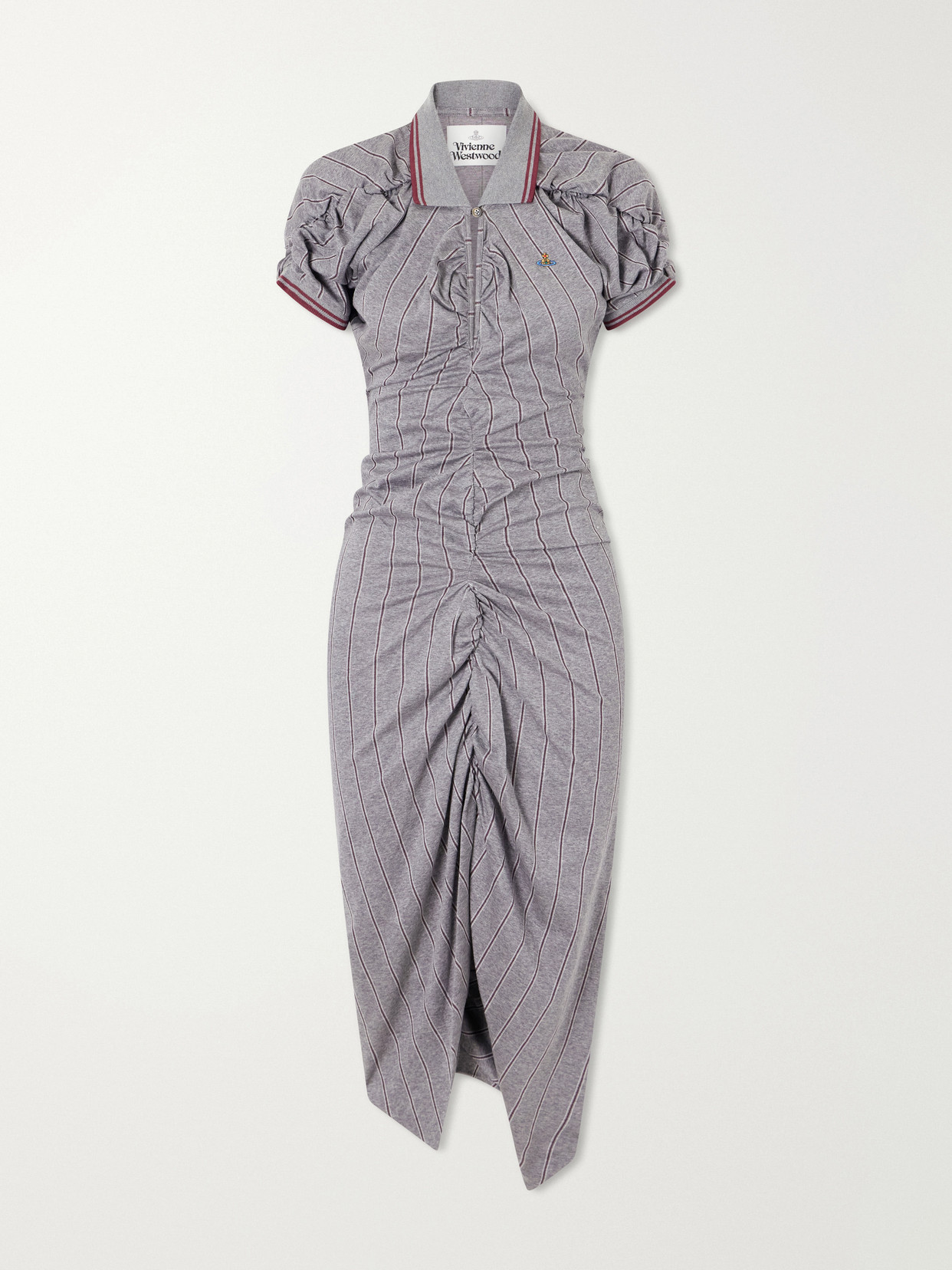 Vivienne Westwood Logo-embroidered Striped Gathered Cotton Jersey Midi Dress In Gray