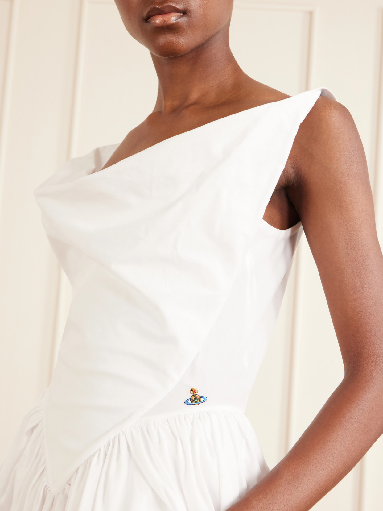Vivienne Westwood Draped Midi Dress With Fitted Bodice And Gathered Skirt In White