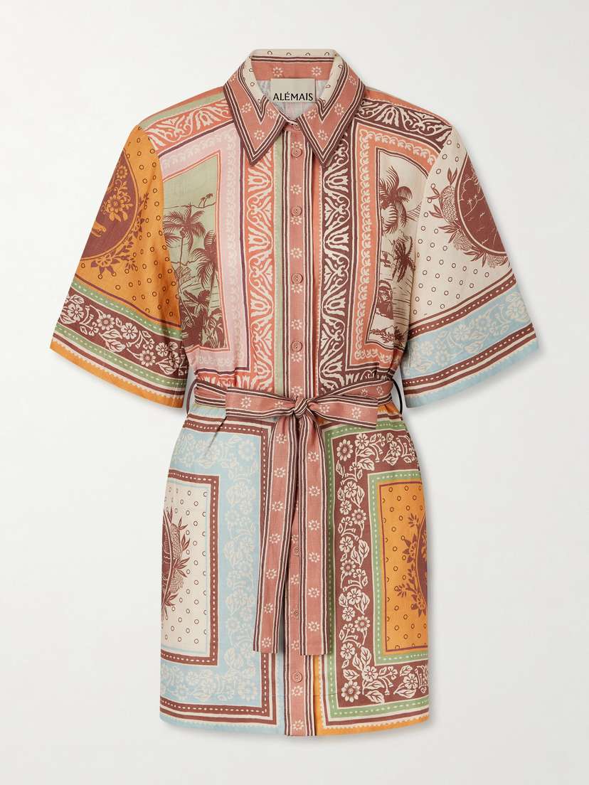 ALÉMAIS Alberta Belted Printed Linen Mini Shirt Dress