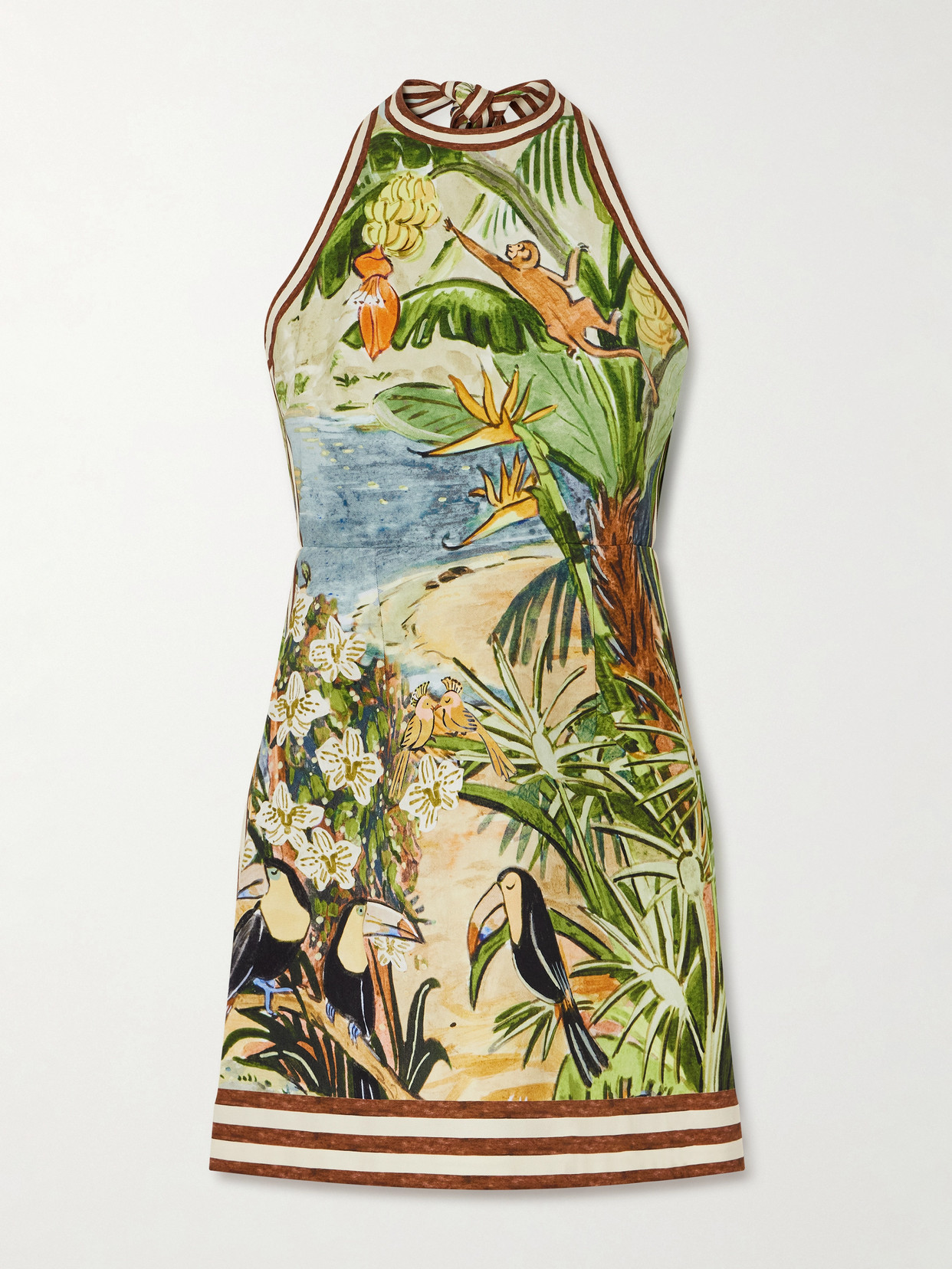 Alemais Toucan Tango Halterneck Printed Organic Cotton Mini Dress In Green