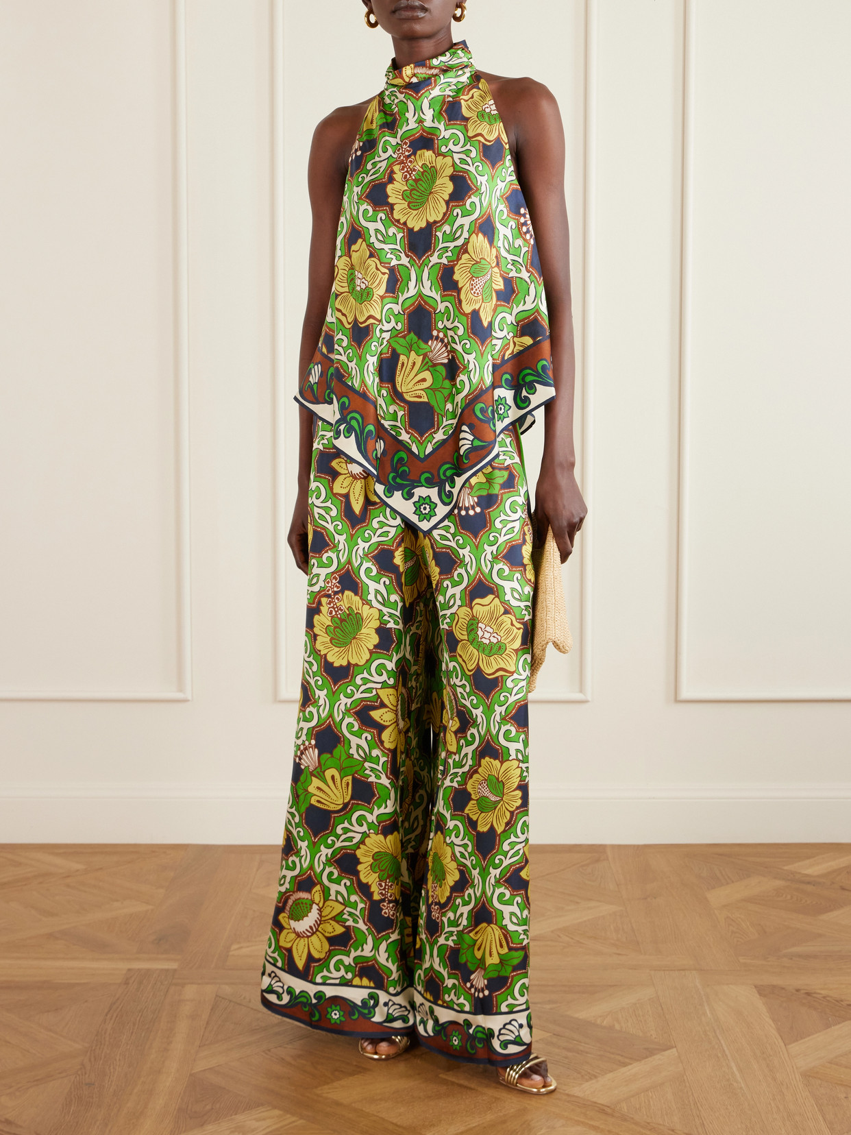 Alemais Womens  Liana Printed Silk Palazzo Trousers In Green