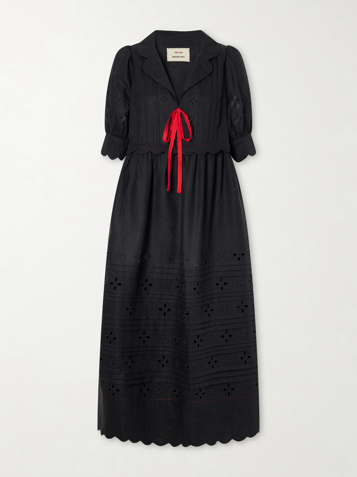 Vita Kin Bari Tie-detailed Broderie Anglaise-trimmed Linen Midi Dress In Black