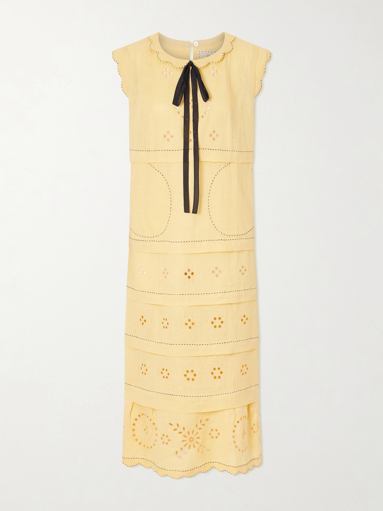 Vita Kin Kiki Tie-detailed Broderie Anglaise-trimmed Linen Midi Dress In Yellow