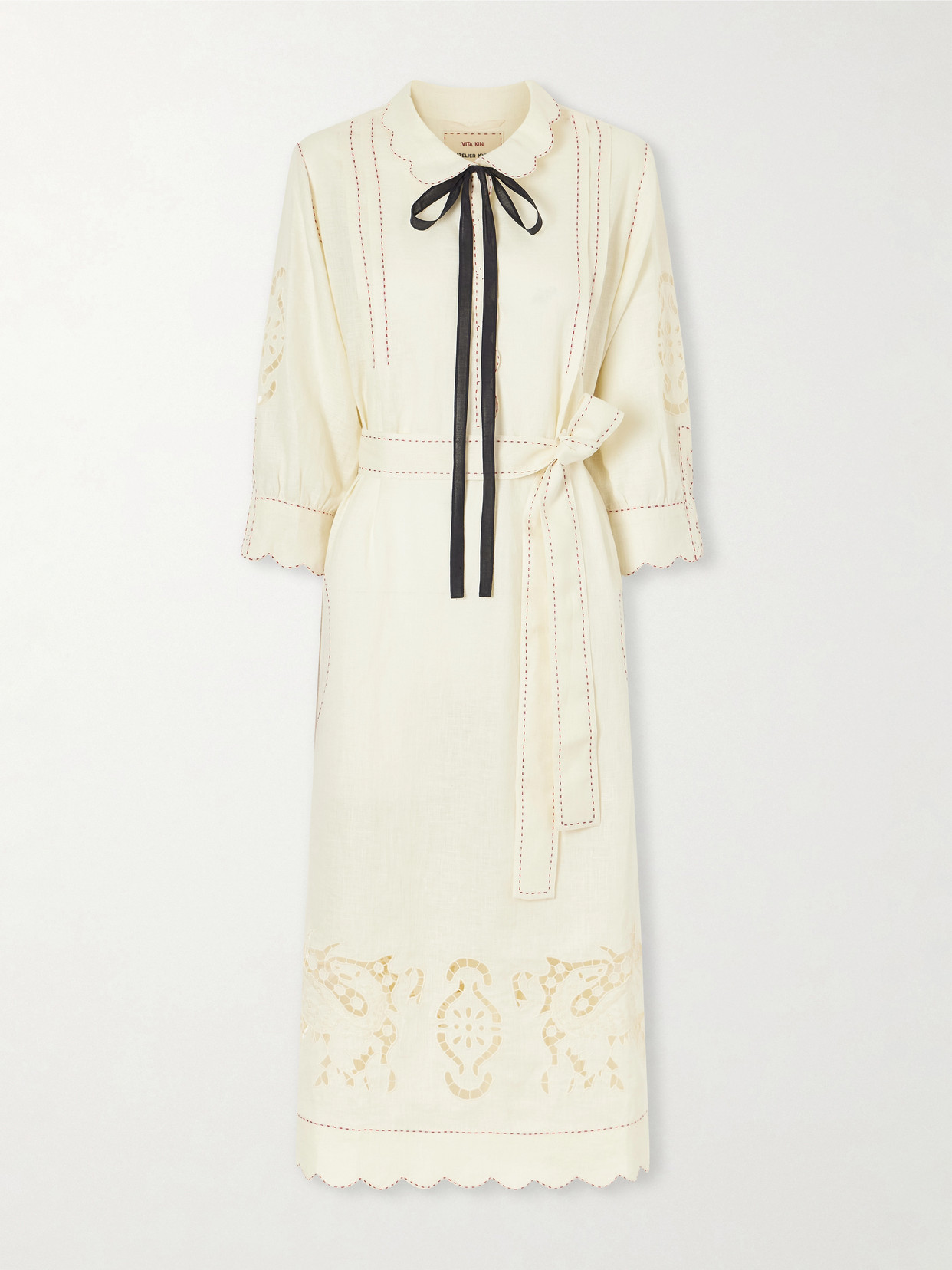 Vita Kin Samarkand Broderie Anglaise-trimmed Belted Linen Midi Dress In Neutral