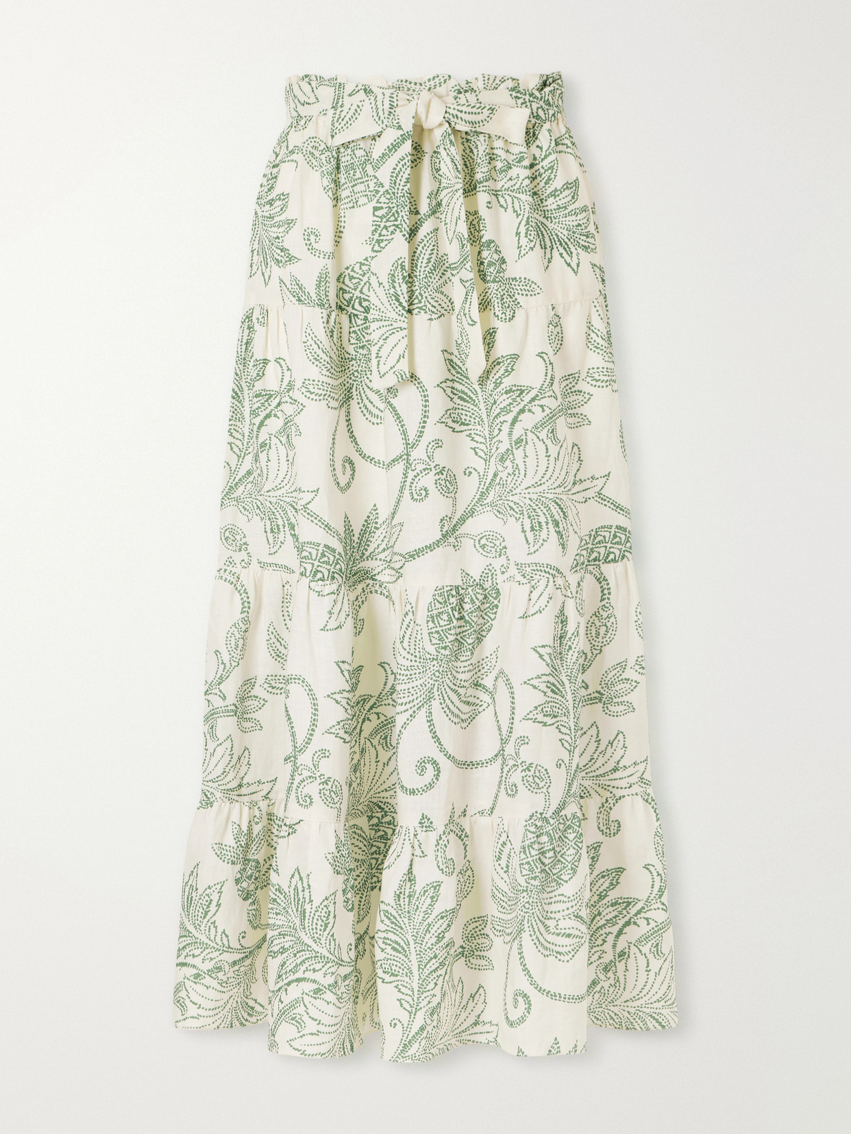 Lemlem Sanaa Tiered Printed Linen Midi Skirt In Green