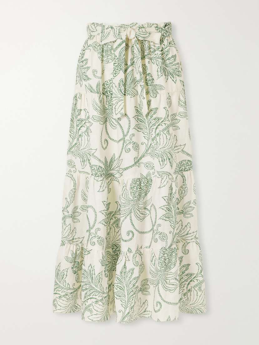 Lemlem Sanaa Tiered Printed Linen Midi Skirt