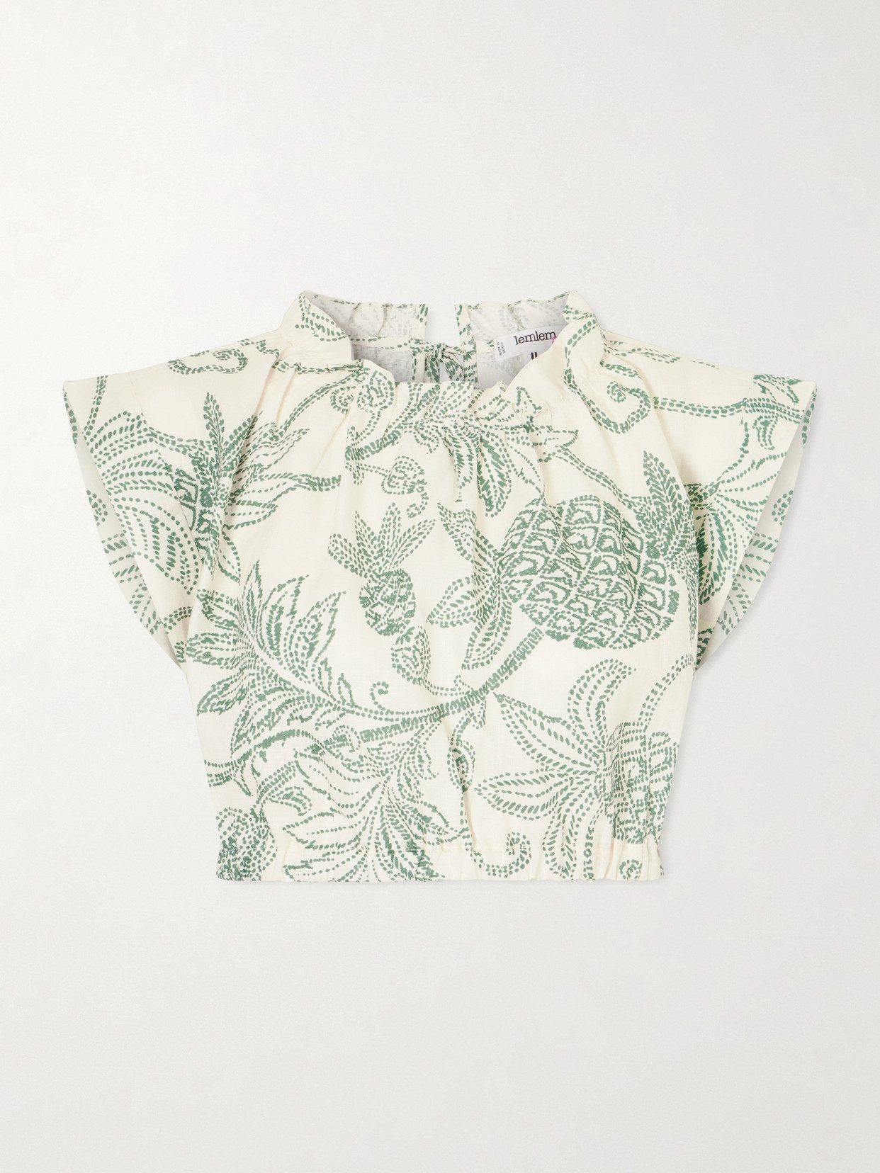 Lemlem Muna Cropped Ruched Printed Linen Top In Green