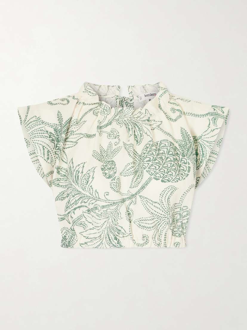 Lemlem Muna Cropped Ruched Printed Linen Top