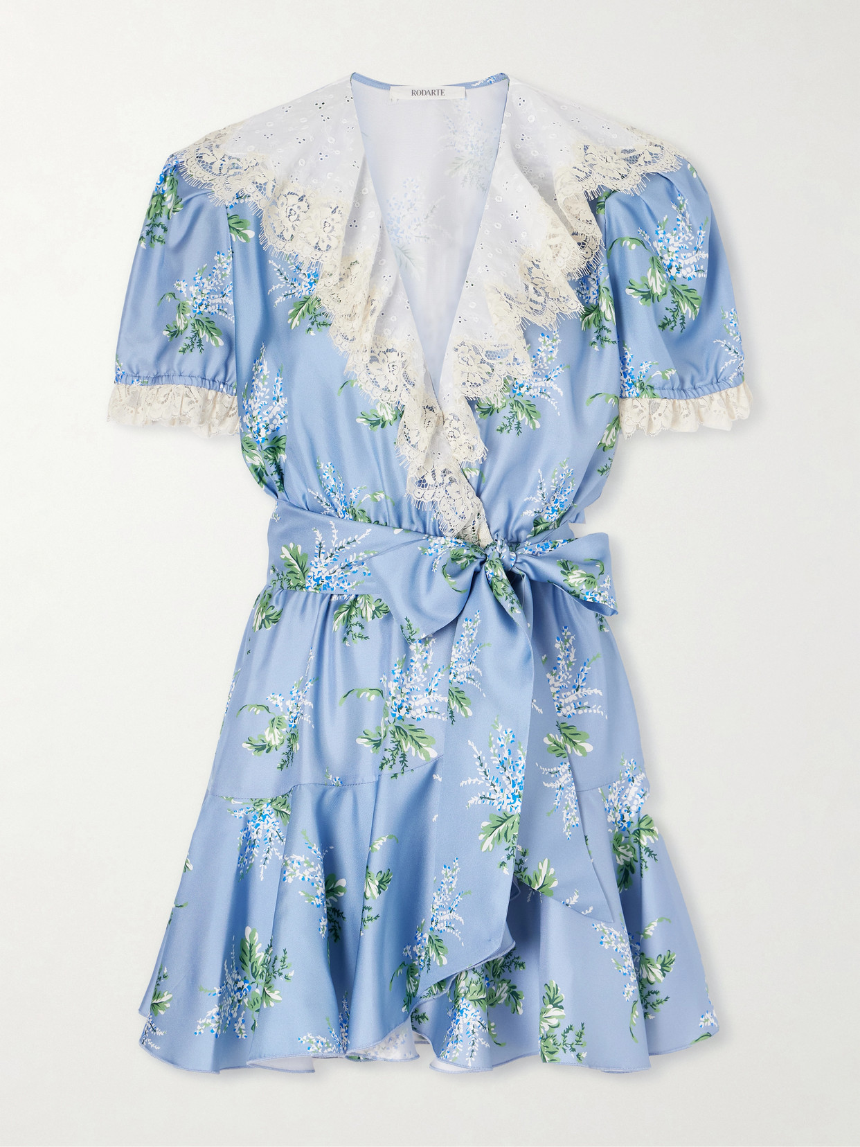 Rodarte Ruffled Lace-trimmed Floral-print Silk-twill Mini Dress In Blue