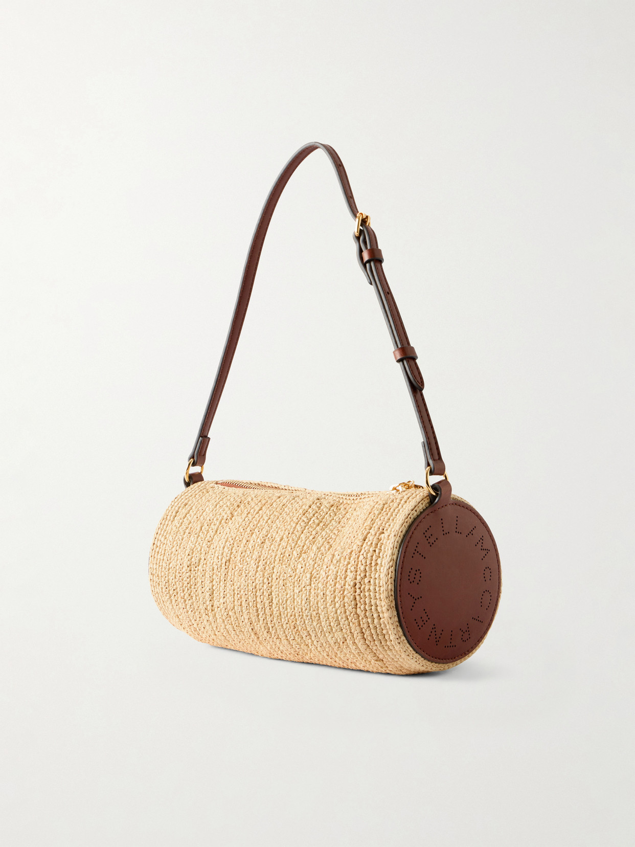 Barrel Vegetarian Material-Trimmed Raffia Shoulder Bag