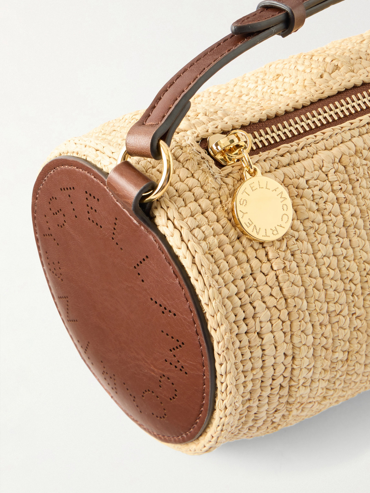 Barrel Vegetarian Material-Trimmed Raffia Shoulder Bag