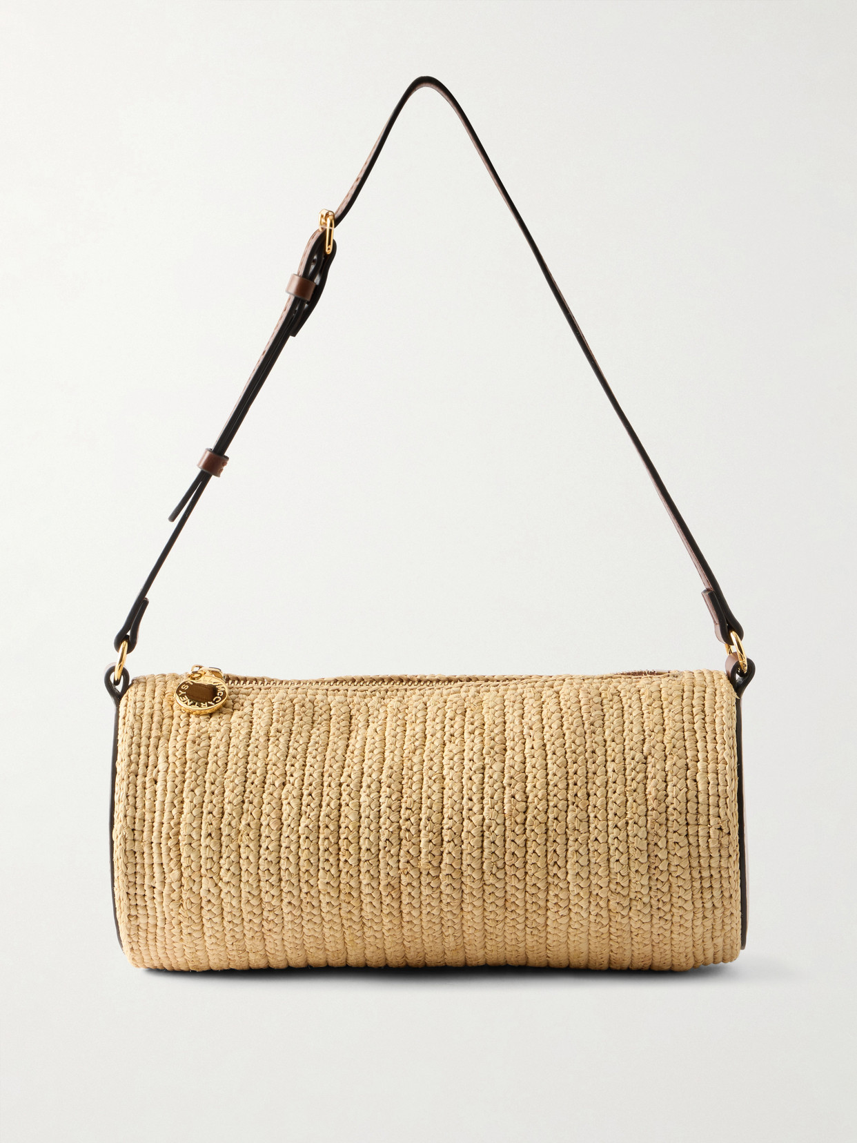Stella Mccartney Barrel Vegetarian Leather-trimmed Raffia Shoulder Bag In Brown
