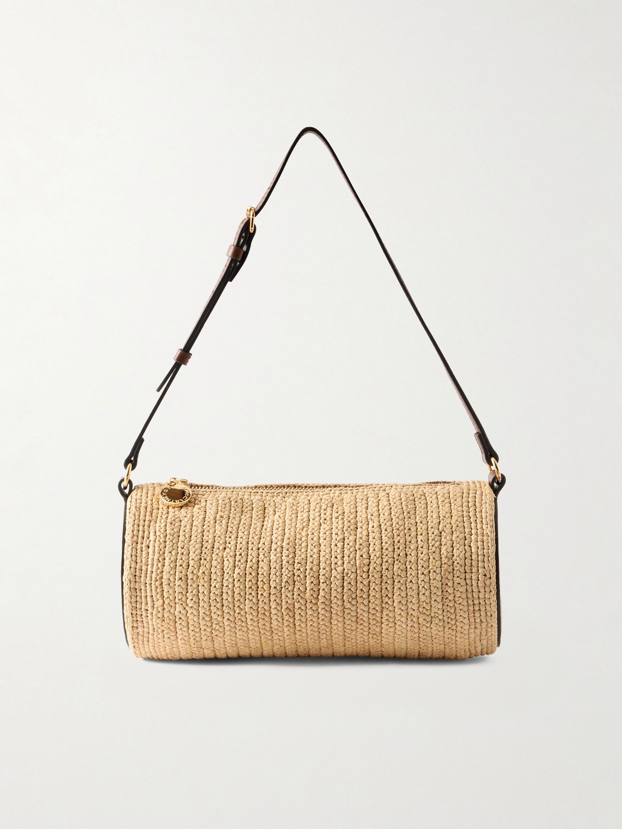 Barrel vegetarian material-trimmed raffia shoulder bag