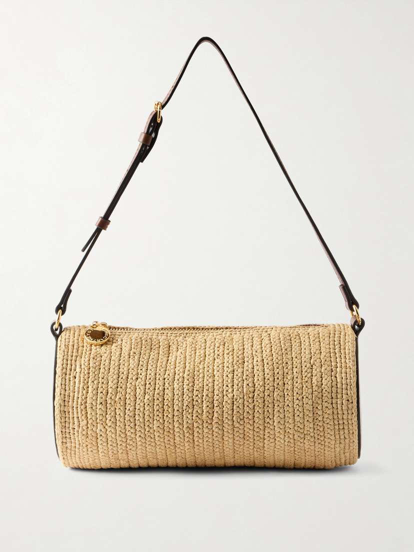 Stella McCartney Barrel Vegetarian Leather-trimmed Raffia Shoulder Bag