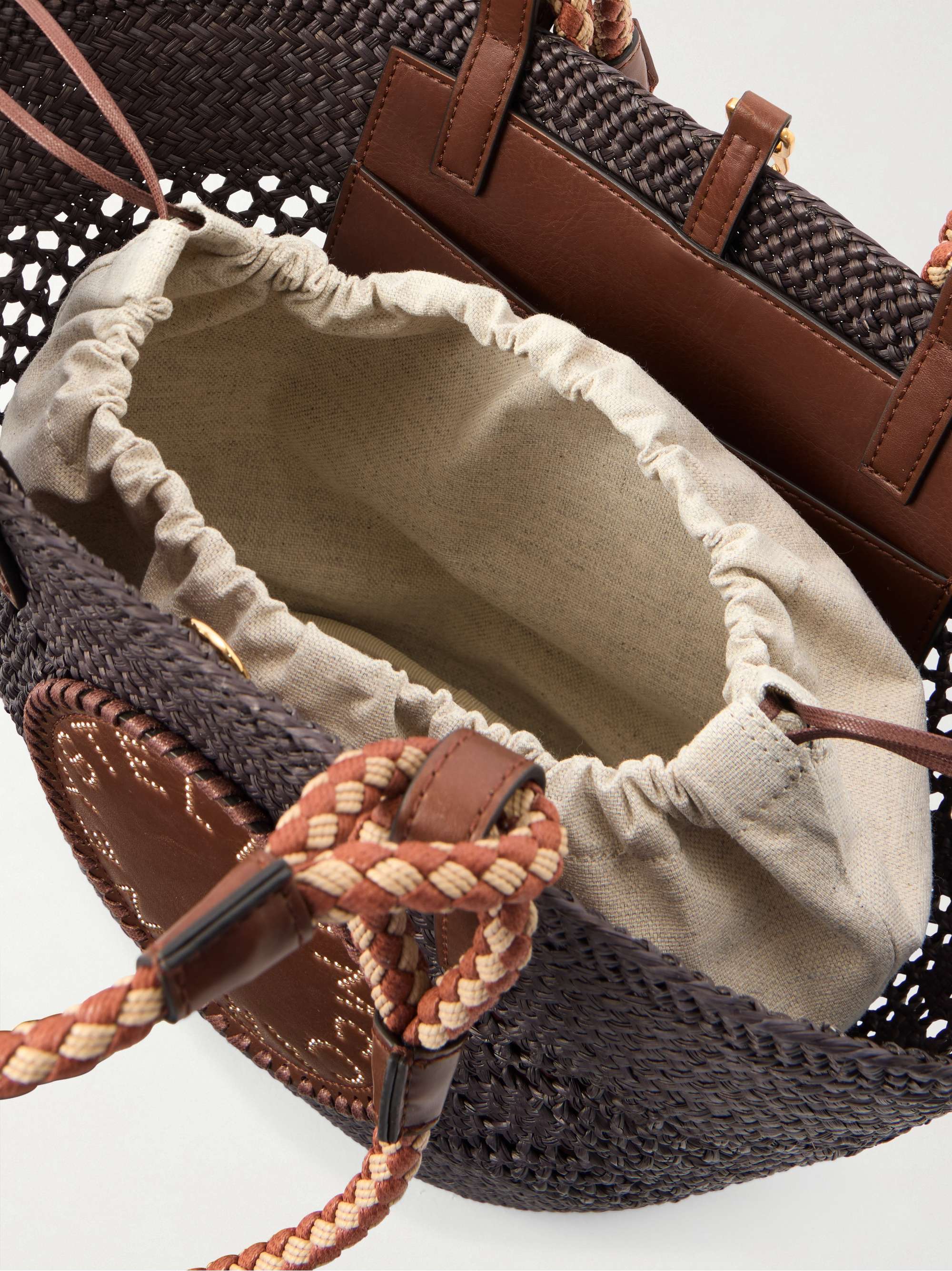 STELLA MCCARTNEY Small vegetarian leather-trimmed raffia tote