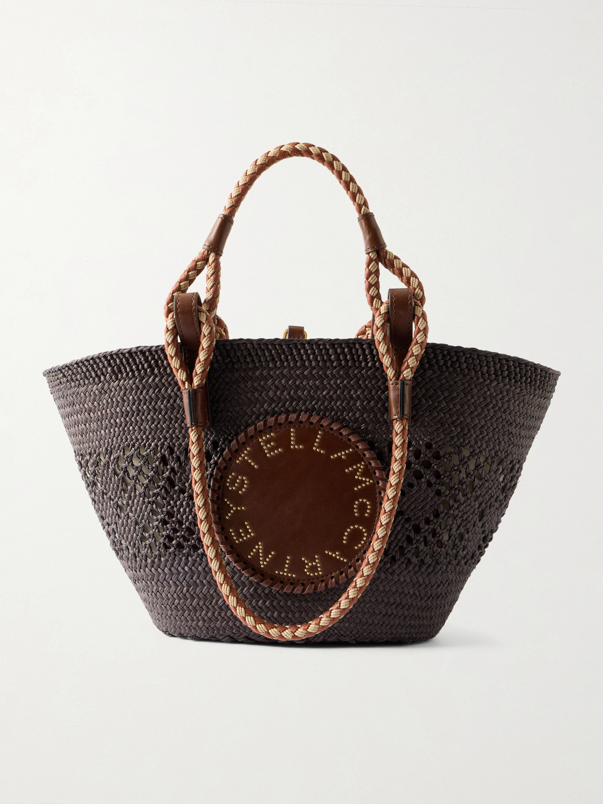 Stella Mccartney Small Vegetarian Leather-trimmed Raffia Tote In Brown