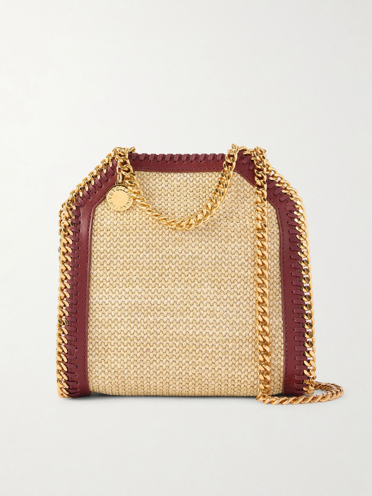 the falabella tiny vegetarian material trimmed raffia shoulder bag