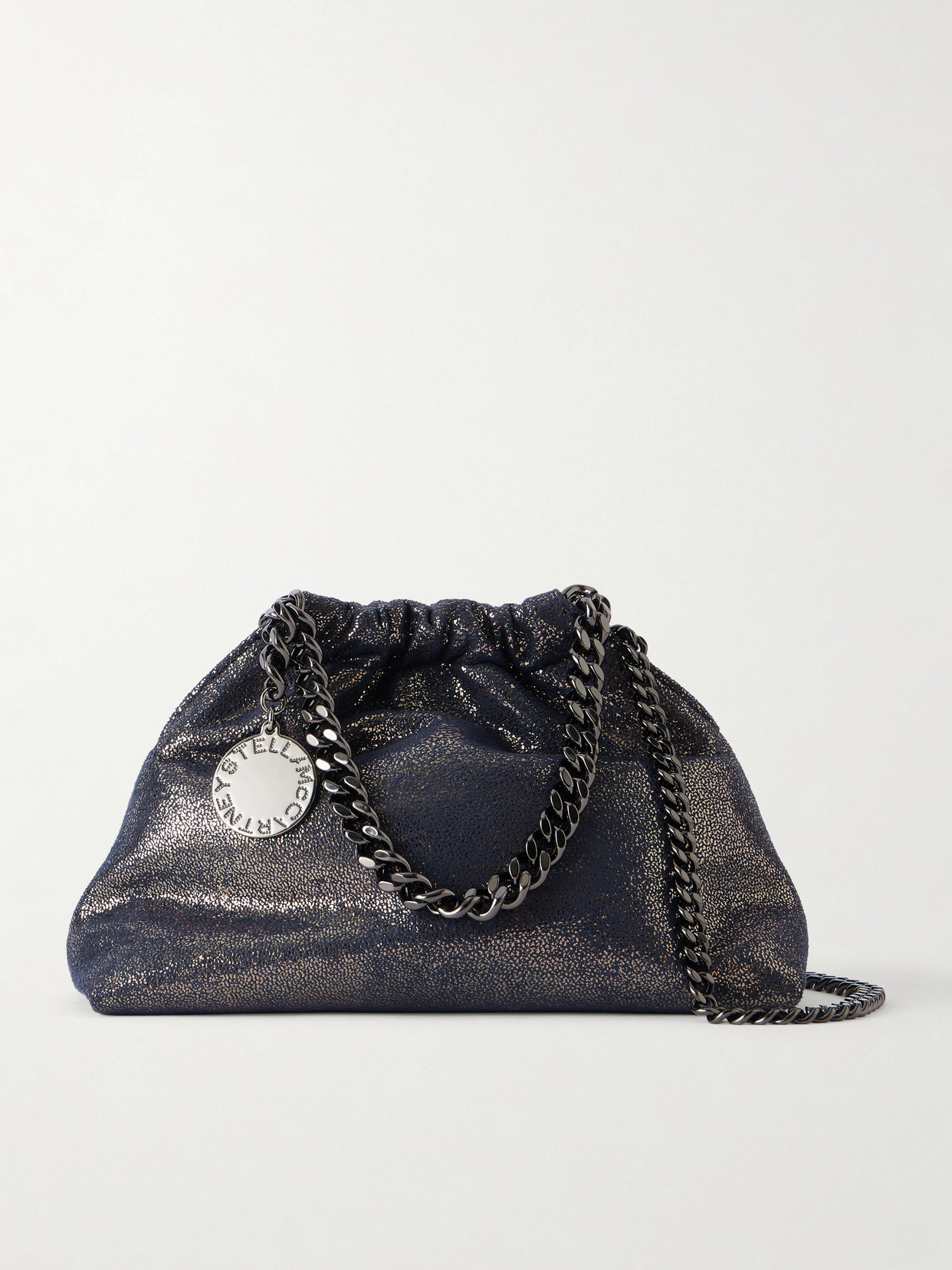 Stella Mccartney Falabella Mini Metallic Vegetarian Suede Drawstring Bag In Blue