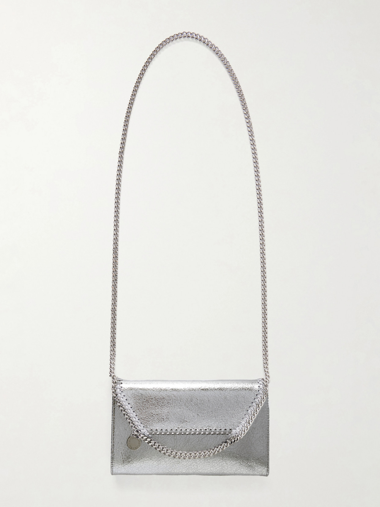 Stella Mccartney The Falabella Crinkled Metallic Chain Wallet In Silver
