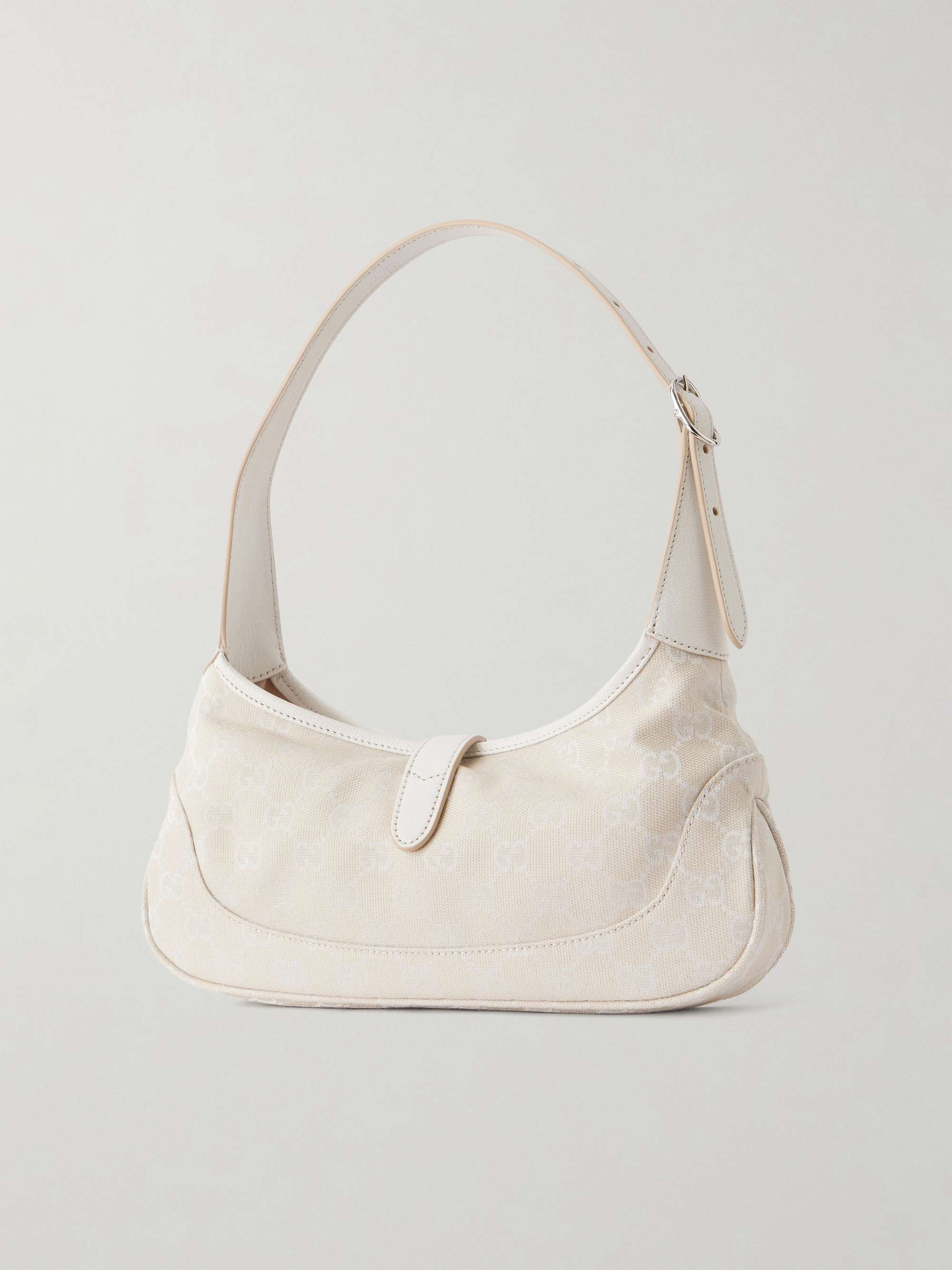 GUCCI Jackie Slim logo-jacquard leather-trimmed canvas shoulder