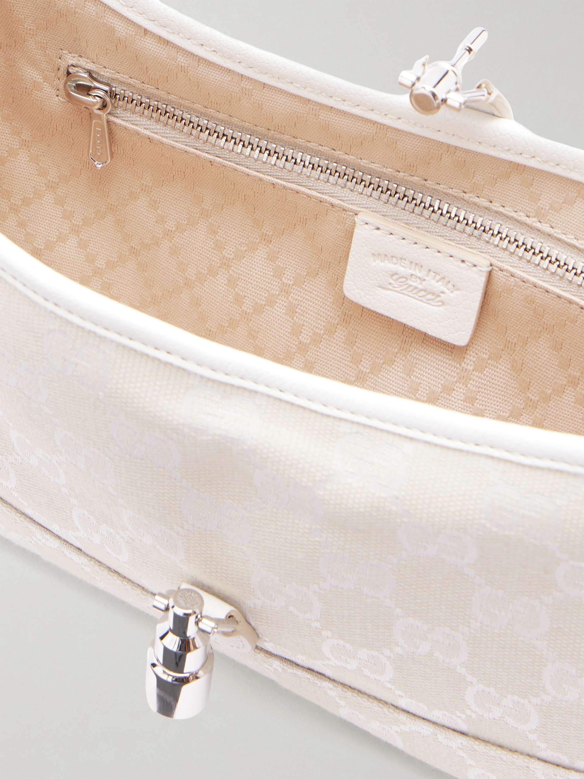 GUCCI Jackie Slim logo-jacquard leather-trimmed canvas shoulder