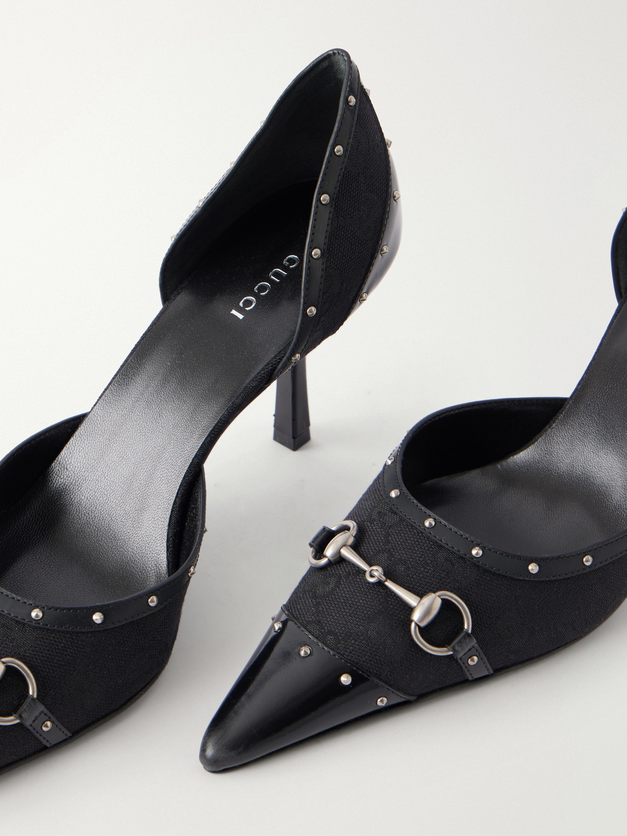 Horsebit-Embellished Leather-Trimmed GG-Jacquard Pumps