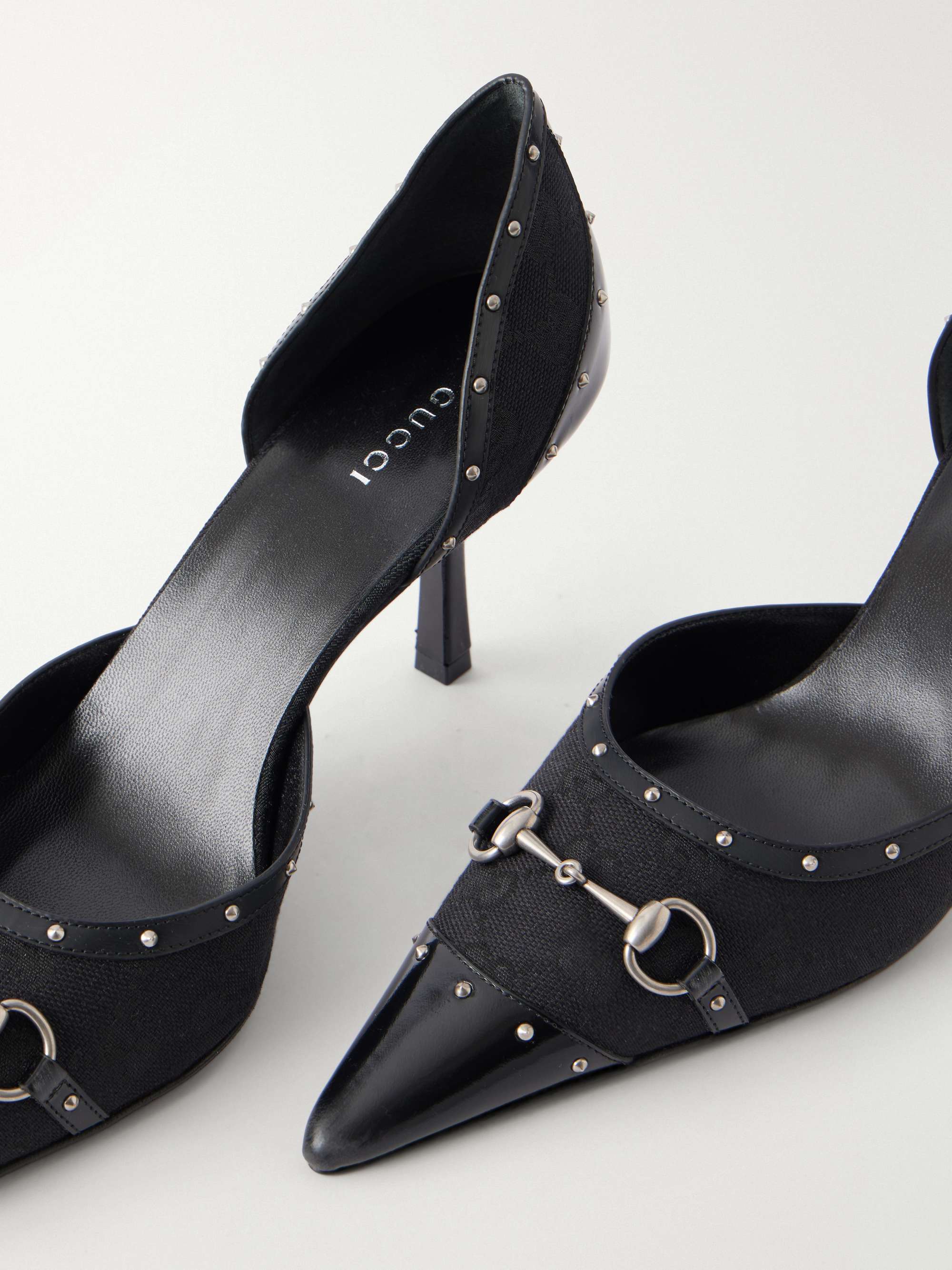 GUCCI Savoy horsebit-embellished leather-trimmed canvas-jacquard