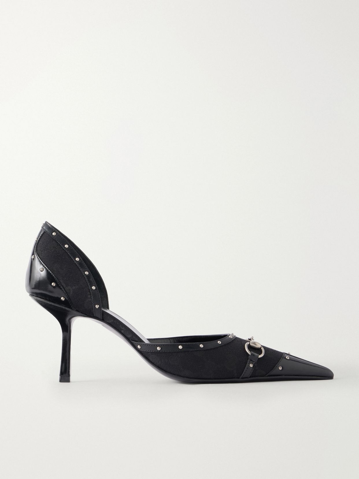 Savoy horsebit-embellished leather-trimmed canvas-jacquard pumps