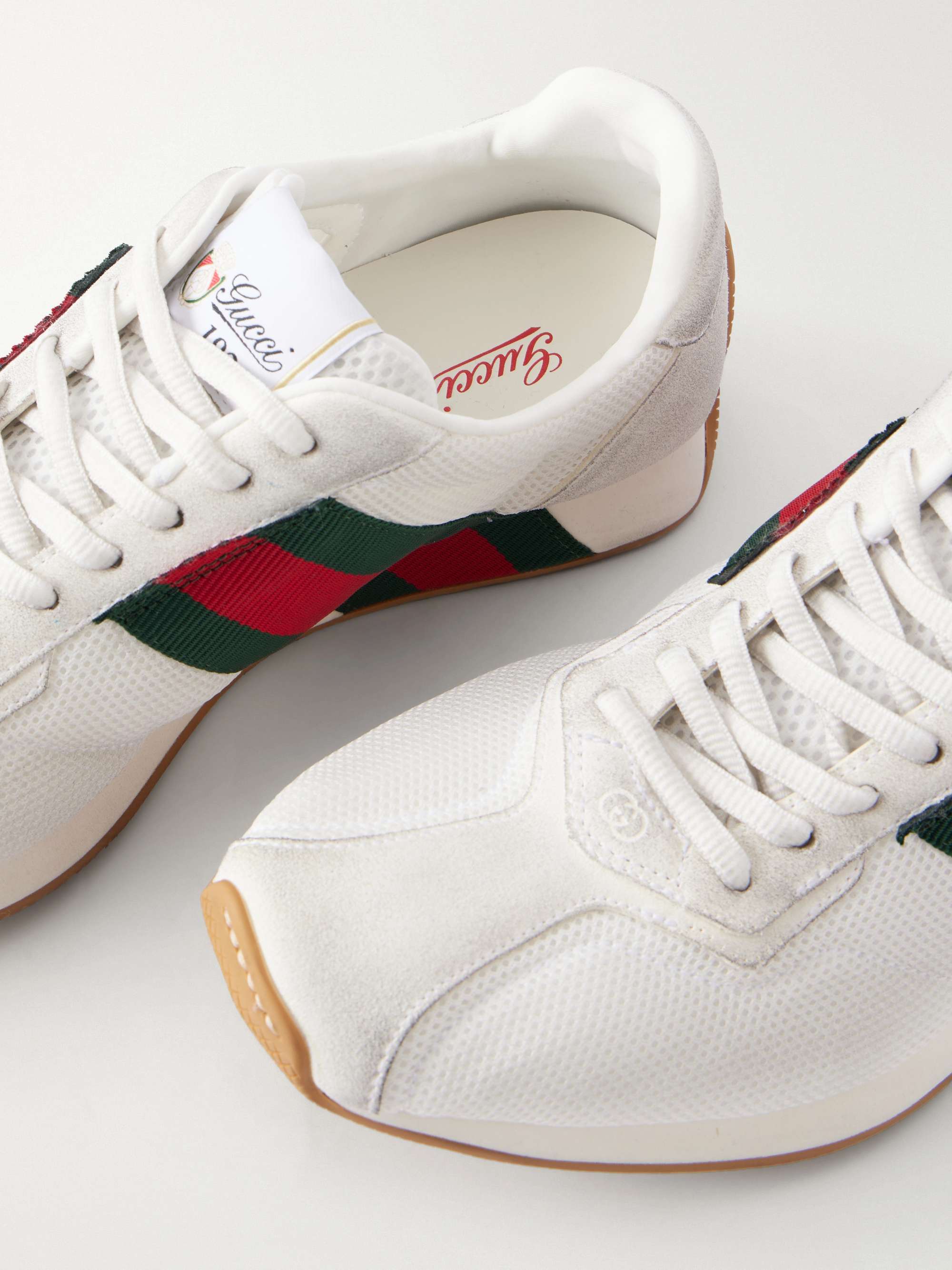 GUCCI キャット　ホワイトスニーカー GUCCI Web-detailed suede-trimmed mesh sneakers | NET-A-PORTER