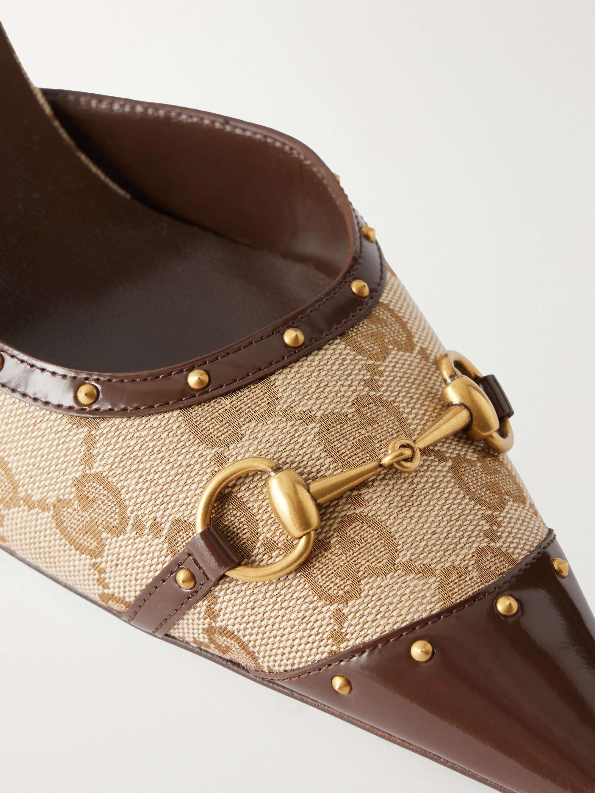 GUCCI Savoy horsebit-embellished leather-trimmed canvas-jacquard