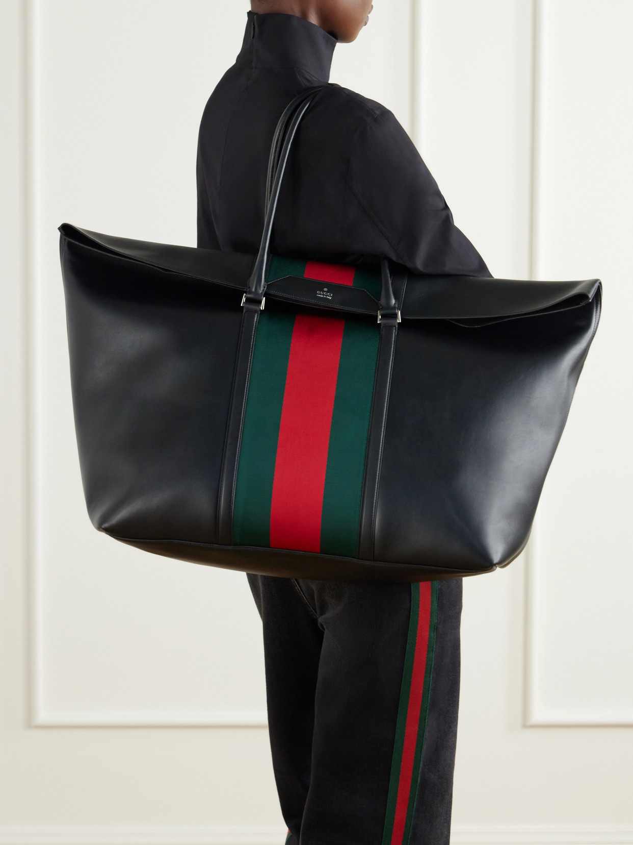 Mega Web Trademark Medium Canvas-Trimmed Leather Tote