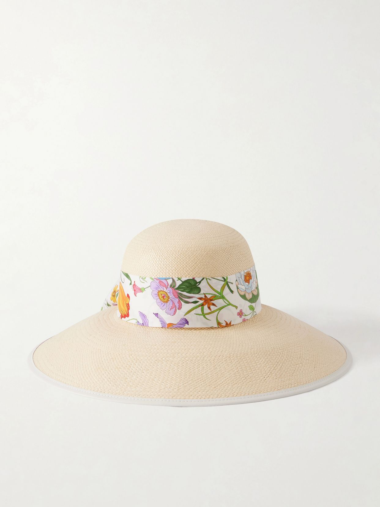 Beverlie floral-print silk and leather-trimmed straw hat