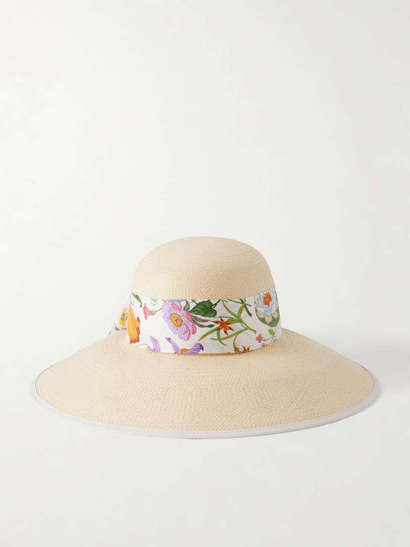 Gucci Beverlie Floral-print ilk And Leather-trimmed traw Hat