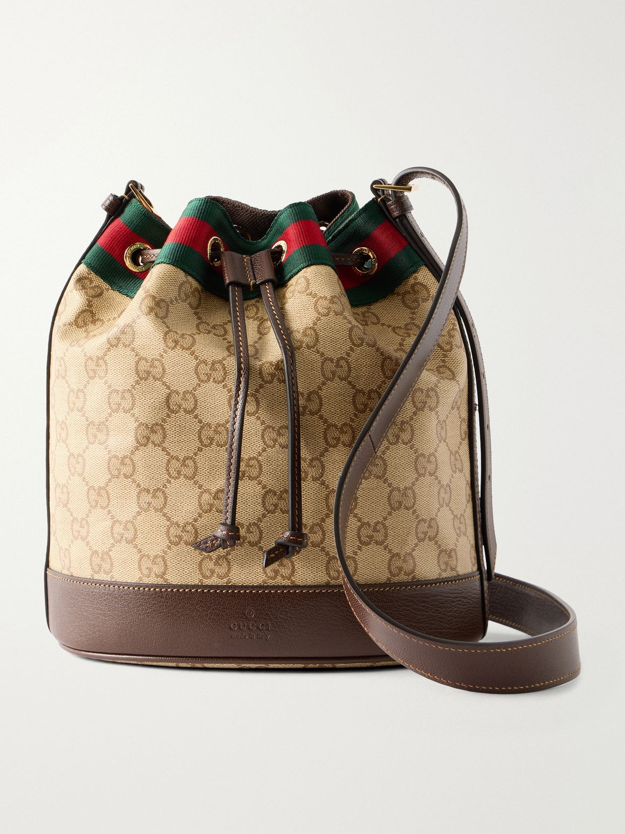 Bucket small leather-trimmed printed coated-canvas shoulder bag