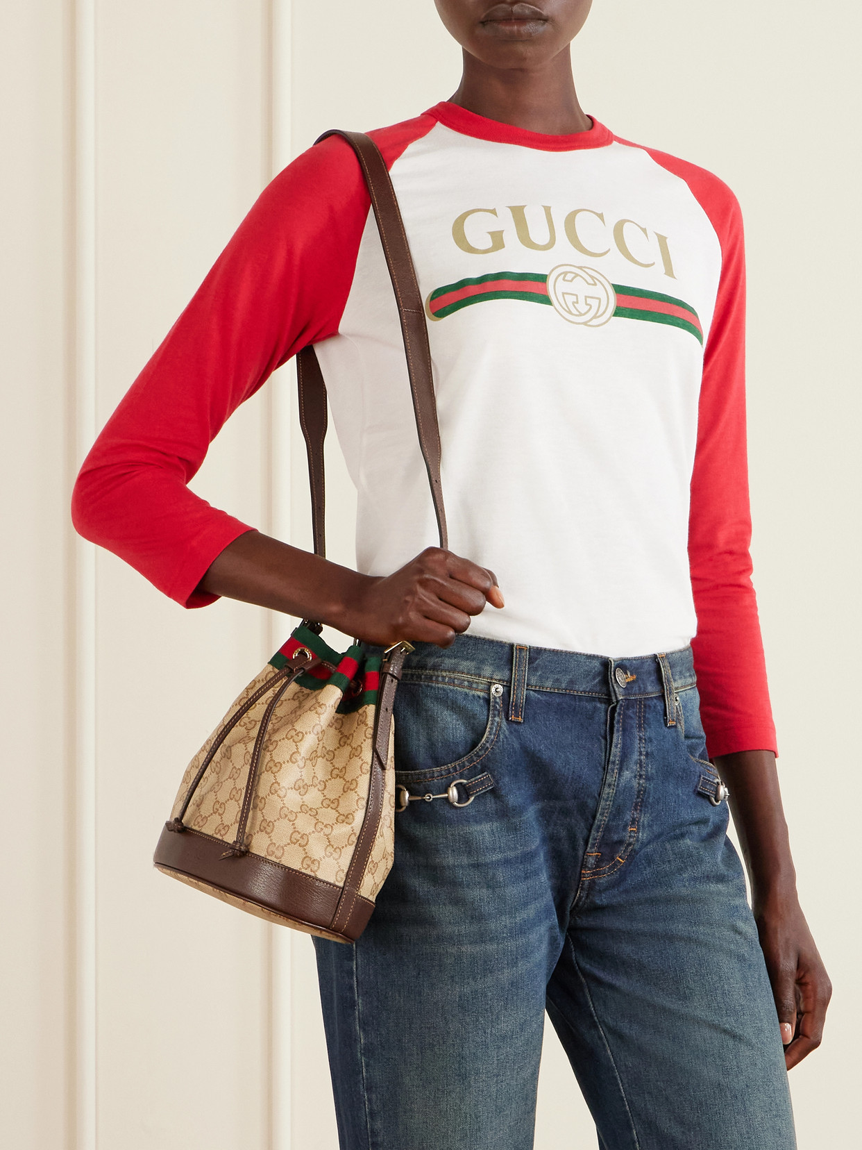 Bucket Small Leather-Trimmed Printed Coated-Canvas Shoulder Bag