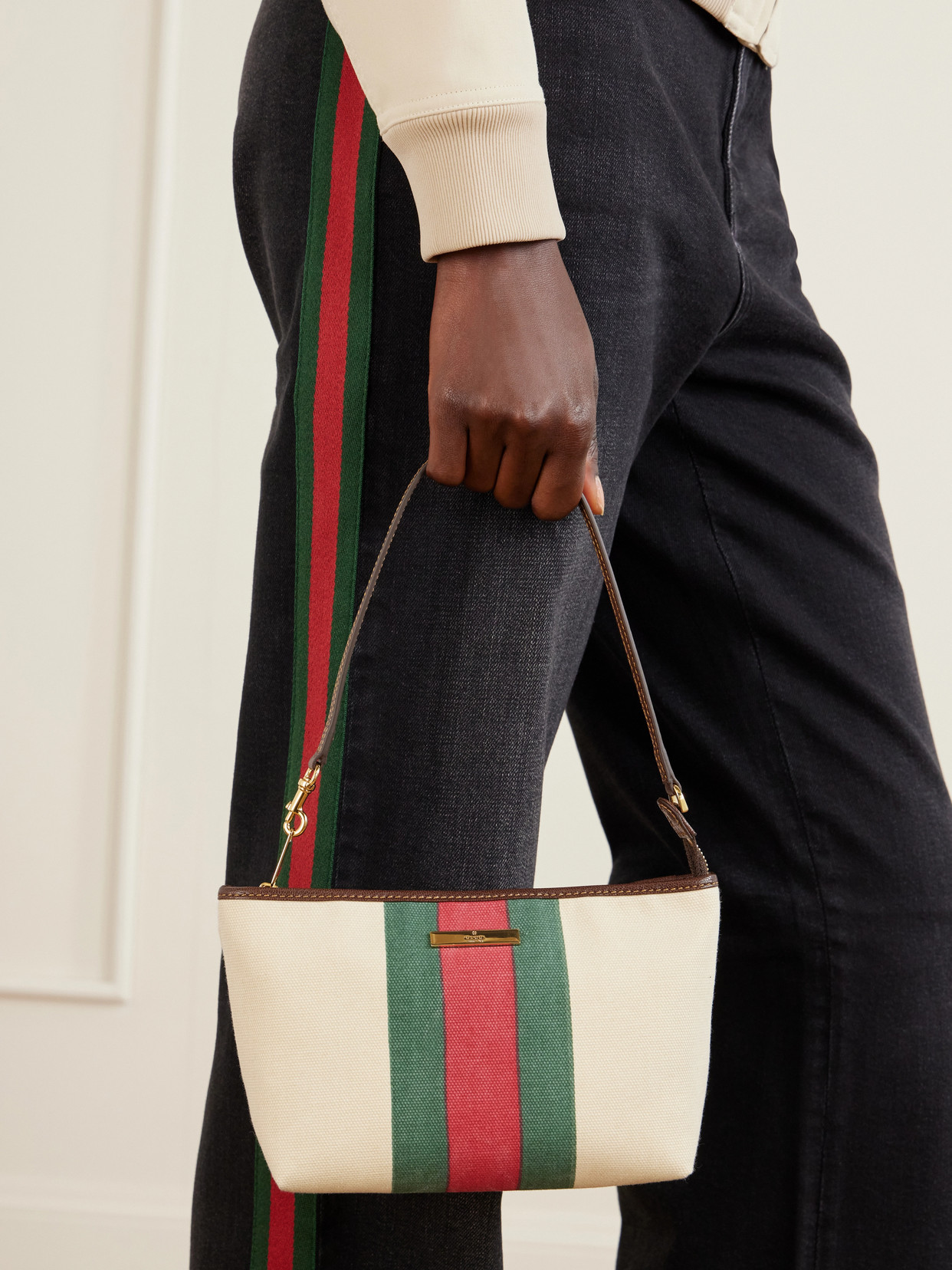 Mini Leather And Web-Trimmed Coated-Canvas Shoulder Bag