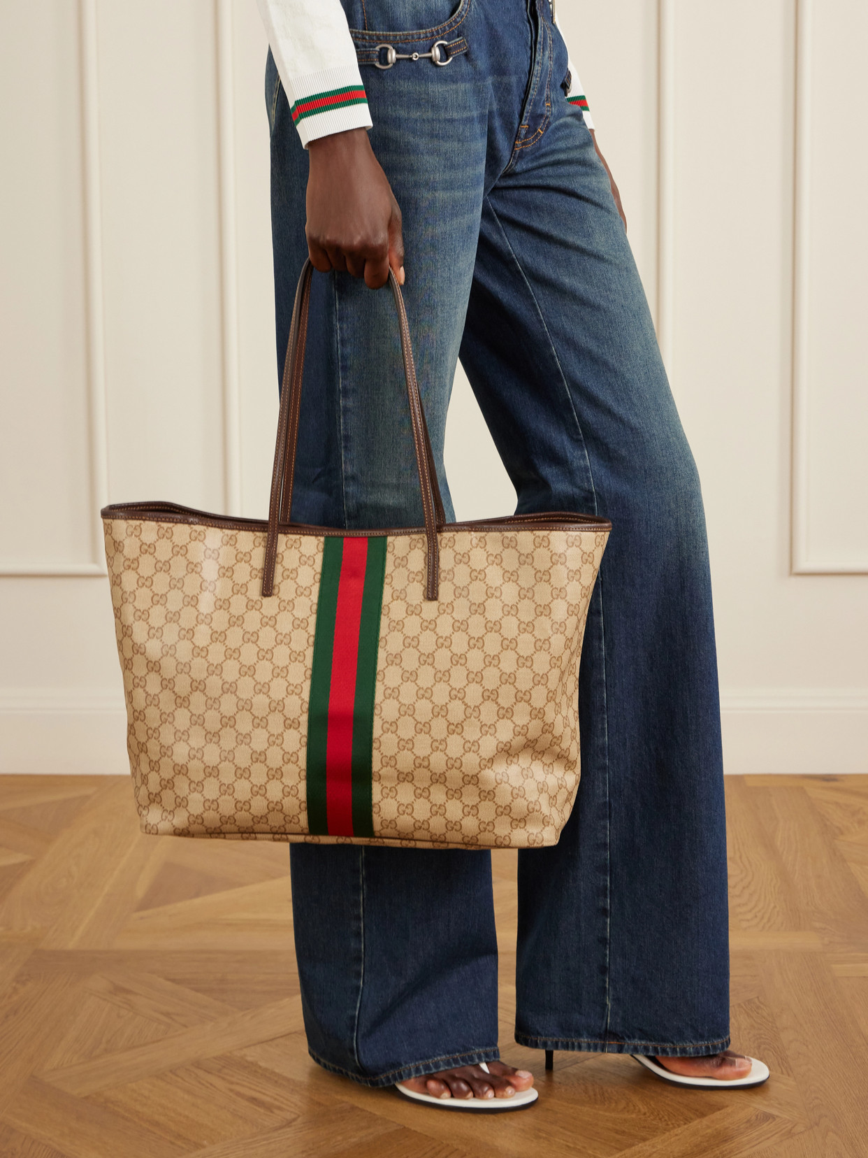 Tribeca Leather-Trimmed Coated Canvas-Jacquard Tote